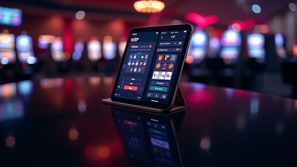 Smartphone en tablet met mobiele casino-interface in een donkere casinoruimte