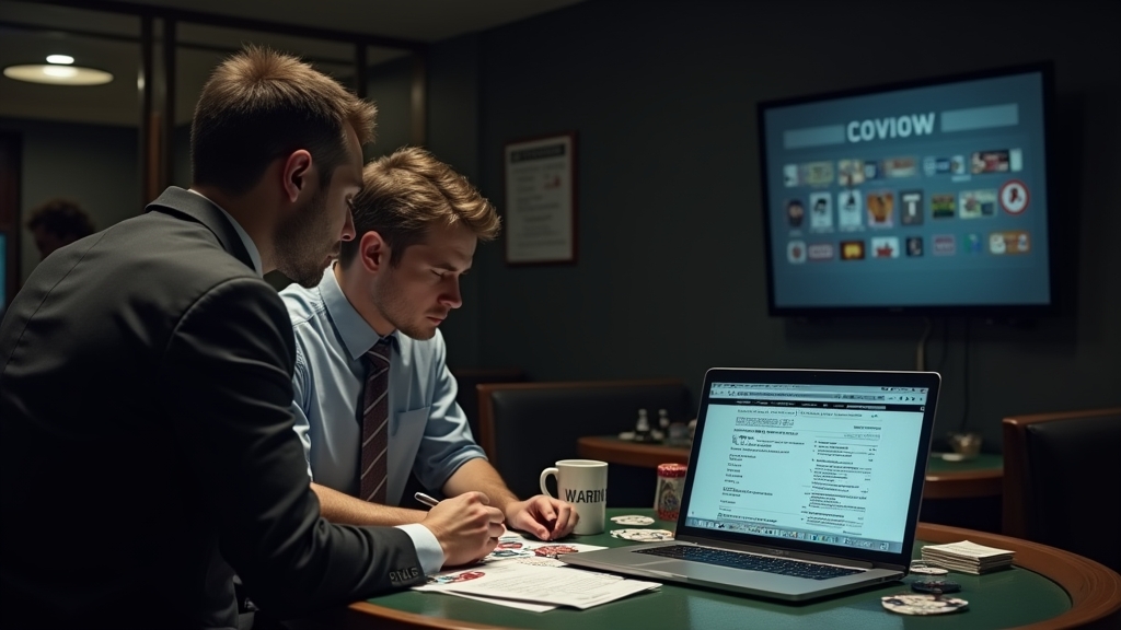 Casino-opname in controle met documenten en waarschuwingsiconen