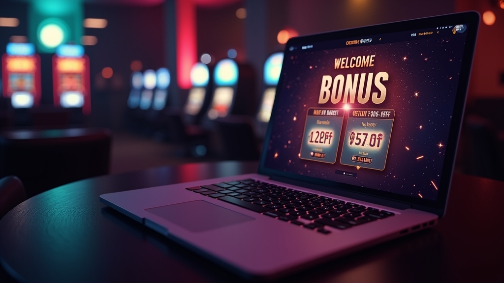 Nieuwe speler bekijkt een welkomstbonus in een donkere casino-omgeving